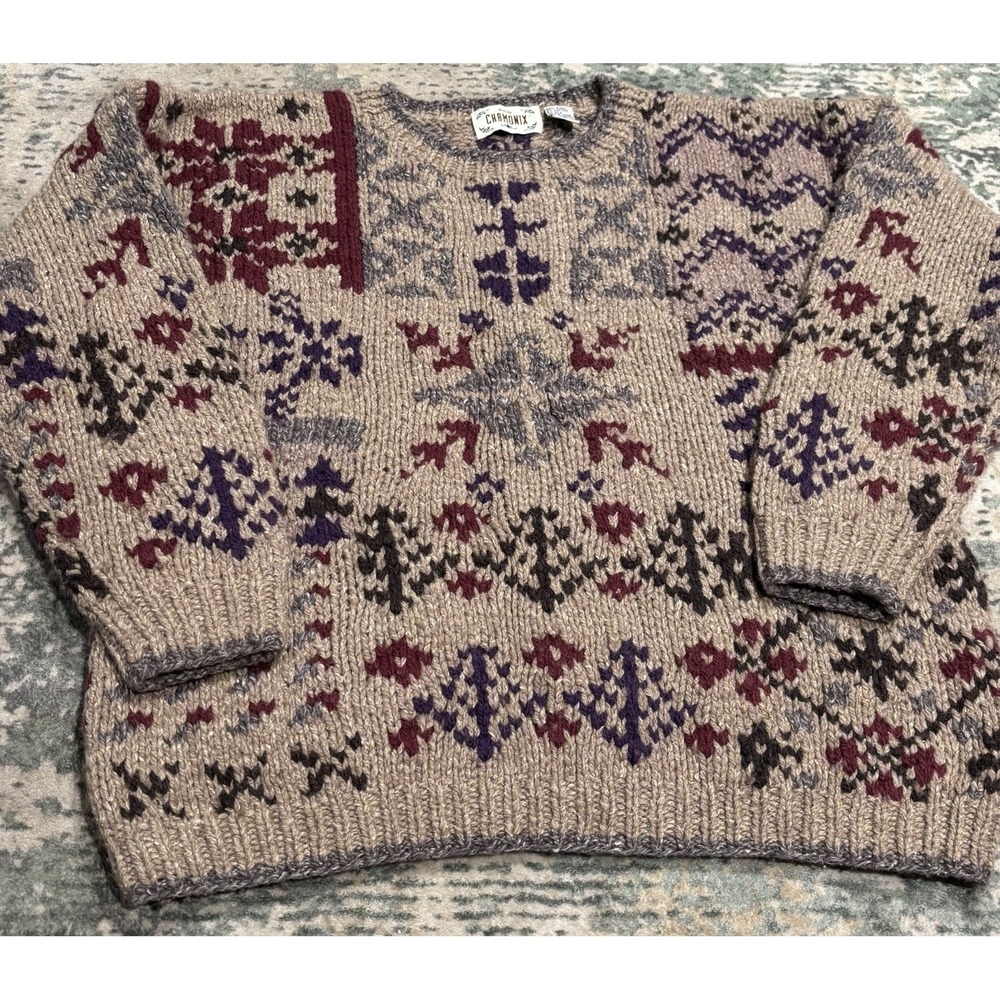Vintage 90s Chamonix Patterned Knit Ski Sweater Multicolor Earthy Winter XS